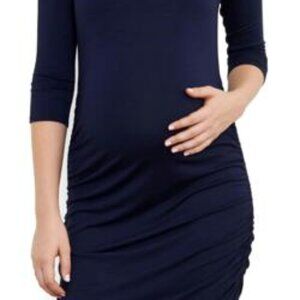 Maternal America Maternity 3/4 Sleeve Scoop‎ Neck Dress - Navy - SM